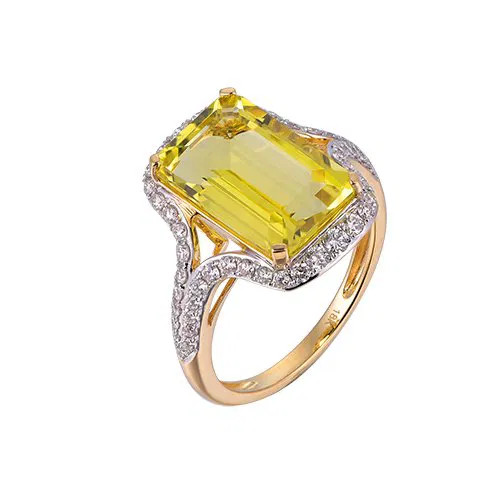 Lemon Quartz Octagon Cut Ring with Diamonds(0.10 ct.tw)