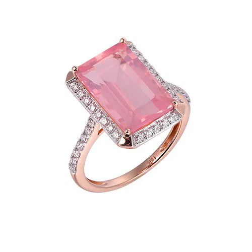 Rose Quartz Octagon Cut Ring with Diamonds(0.41 ct.tw)