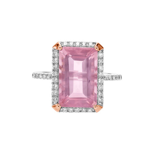 Rose Quartz Octagon Cut Ring with Diamonds(0.41 ct.tw)