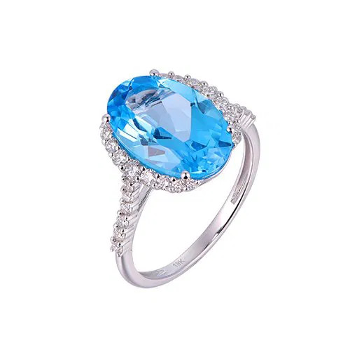 Swiss Blue Topaz Oval Cut Ring with Diamonds(0.02 ct.tw)
