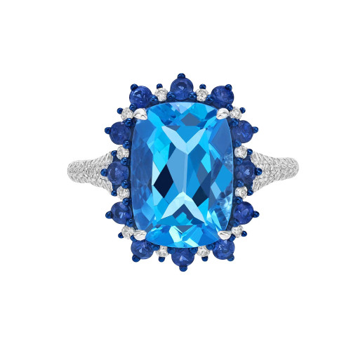 Swiss Blue Topaz Cushion Cut Ring with Diamonds(0.18 ct.tw)