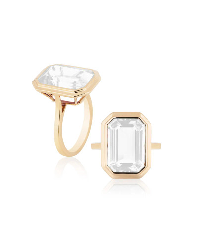 Moon Quartz Emerald Cut Bezel Set Plain Gold Ring (7.00 cts)