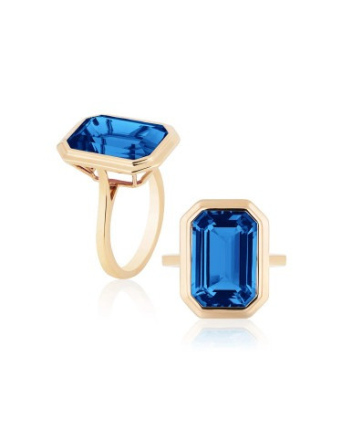 London Blue Topaz Emerald Cut Bezel Set Plain Gold Ring (9.20 cts)