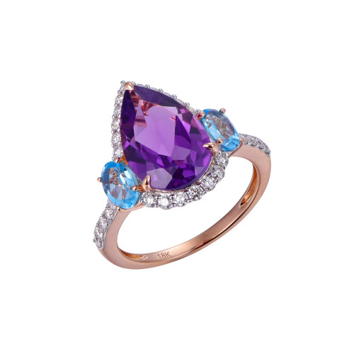 18K Rose Gold Pear Cut Amethyst and Swiss Blue Topaz Accent with 3/8 ct.tw. Diamond Ring