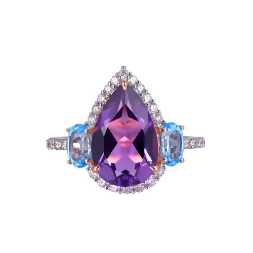 18K Rose Gold Pear Cut Amethyst and Swiss Blue Topaz Accent with 3/8 ct.tw. Diamond Ring