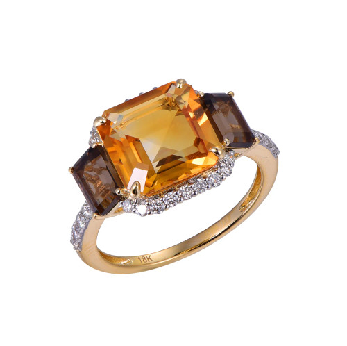 18K Yellow Gold Octagon Cut Citrine and Smoky Quartz with 1/3 ct.tw. Diamond Ring
