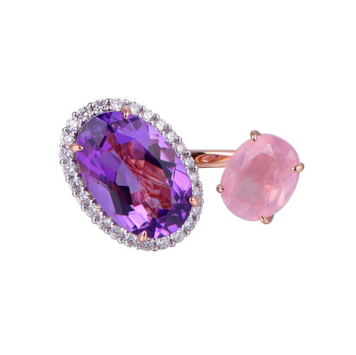 18K Rose Gold Oval Amethyst and Oval Rose Quartz with 1/3 ct.tw. Diamond Ring
