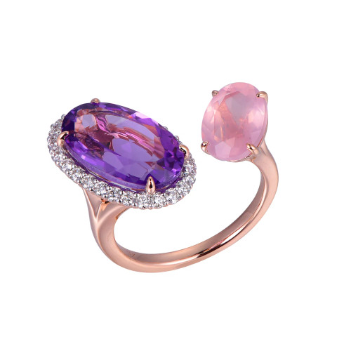 18K Rose Gold Oval Amethyst and Oval Rose Quartz with 1/3 ct.tw. Diamond Ring