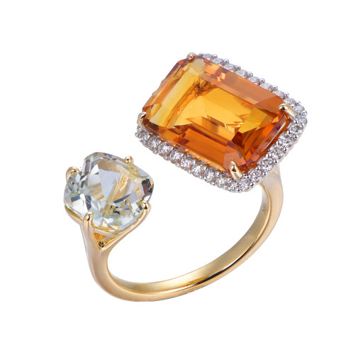 18K Yellow Gold Octagon Cut Citrine and Green Amethyst with 1/3 ct.tw. Diamond Ring