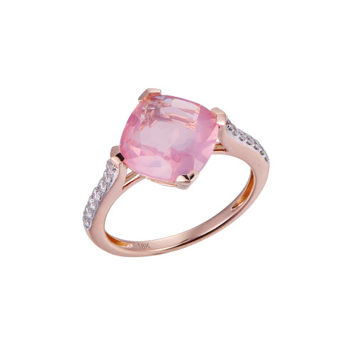 18K Rose Gold Cushion Cut Rose Quartz with 1/5 ct.tw. Diamond Ring