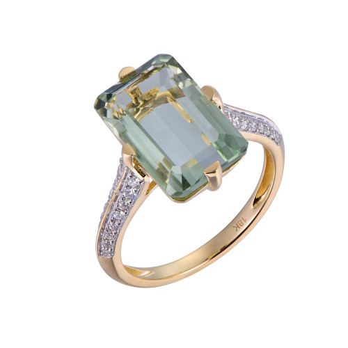 18K Yellow Gold Octagon Cut Green Amethyst with 1/4 ct.tw. Diamond Ring