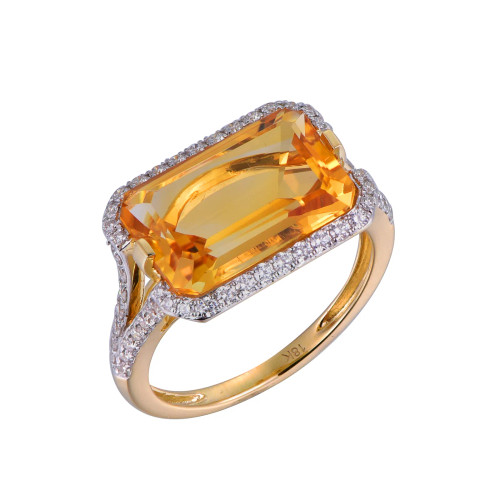 18K Yellow Gold Octagon Cut Citrine with 1/2 ct.tw. Diamond Ring