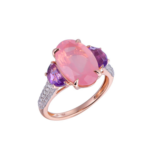 18K Rose Gold Oval Cut Rose Quartz and Amethyst Accent with 1/4 ct.tw. Diamond Ring