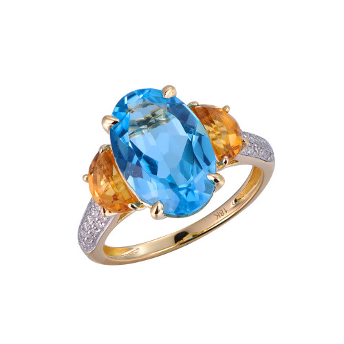 18K Yellow Gold Oval Swiss Blue Topaz and Citrine Accent with 1/4 ct.tw. Diamond Ring