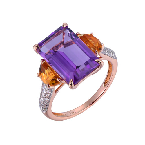 18K Rose Gold Octagon Cut Amethyst with Citrine Accent with 1/4 ct.tw. Diamond Ring