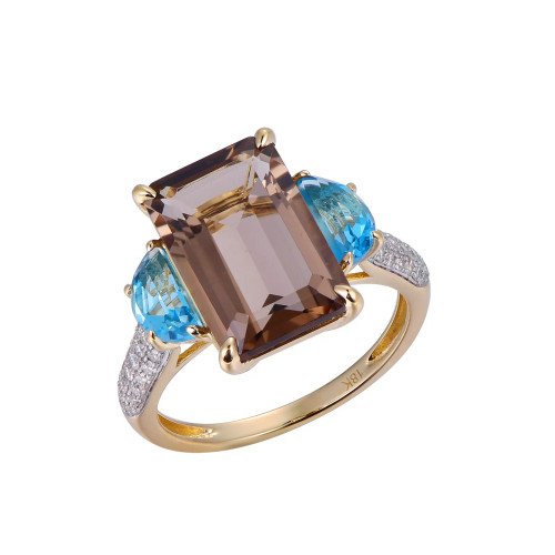 18K Yellow Gold Octagon Cut Smoky Quartz and Swiss Blue Topaz Accent with 1/4 ct.tw. Diamond Ring