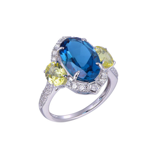 18K White Gold Oval London Blue Topaz and Lemon Quartz Accent with 1/2 ct.tw. Diamond Ring