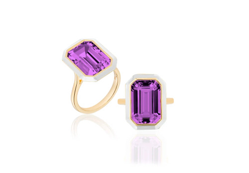 Amethyst Emerald Cut Ring with White Enamel
