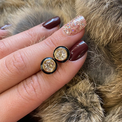 Rock Crystal Round Stud With Black Enamel
