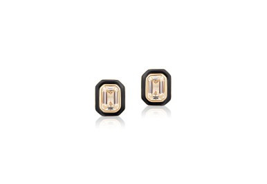 Rock Crystal Emerald Cut Stud Earrings With Black Enamel