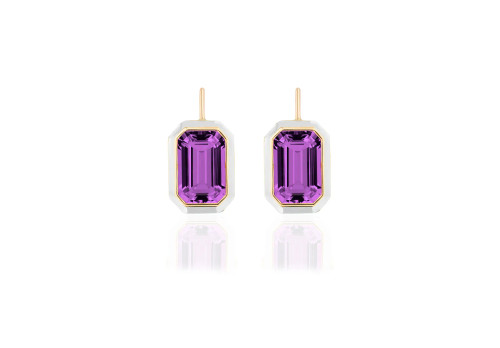 Amethyst  Emerald Cut Earring With White Enamel