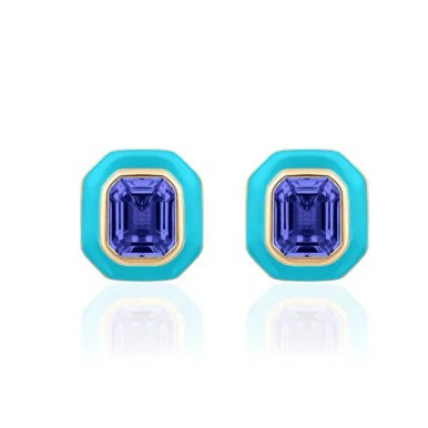 Tanzanite Emerald Cut Earrings With Turquoise Enamel