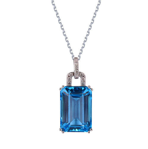 Swiss Blue Topaz Octagon Cut Pendant with Diamonds(0.10 ct.tw)