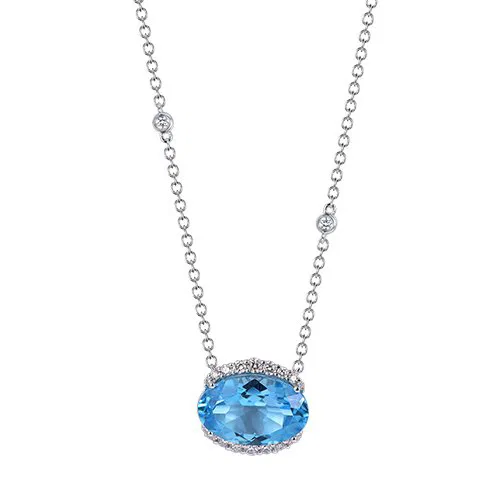 Swiss Blue Topaz Oval Cut Necklace with Diamonds(0.02 ct.tw)