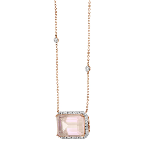 Rose Quartz Octagon Cut Necklace with Diamonds(0.28 ct.tw)