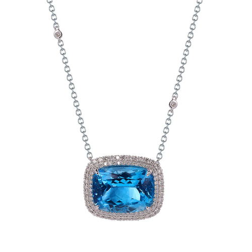 Swiss Blue Topaz Cushion Cut Necklace with Diamonds(0.23 ct.tw)