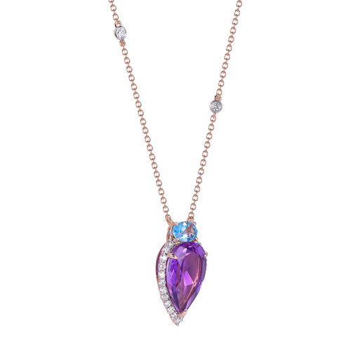 18K Rose Gold Pear Cut Amethyst and Swiss Blue Topaz Accent with 1/3 ct.tw. Diamond Necklace