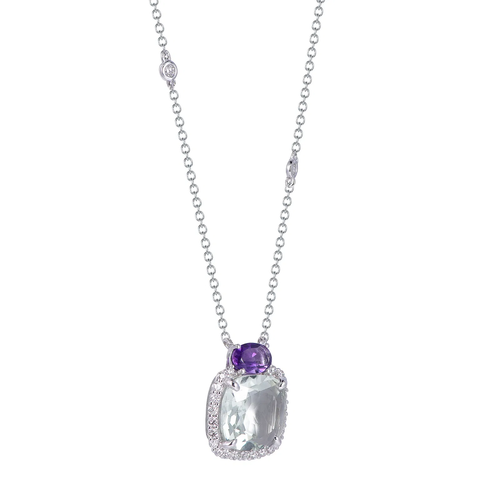 18K White Gold Cushion Cut Green Amethyst with 1/4 ct.tw. Diamond Necklace