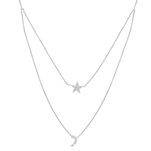 14k White Gold Natural Diamond Accent Star & Moon Necklace (0.09 ct.wt)