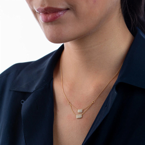 14k Gold Natural Diamond Double Strand Squares Necklace (0.29 ct.wt)