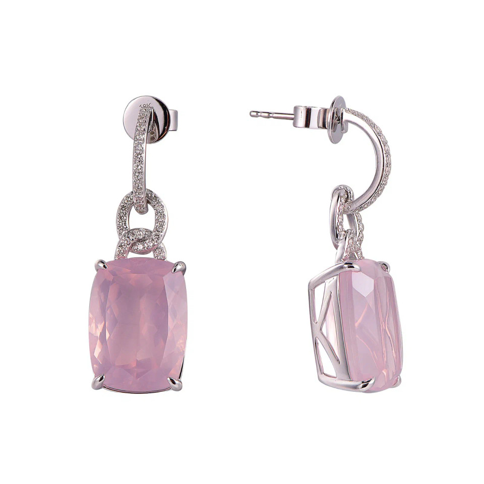 Rose Quartz Cushion Cut Earrings with Diamonds(0.28 ct.tw)