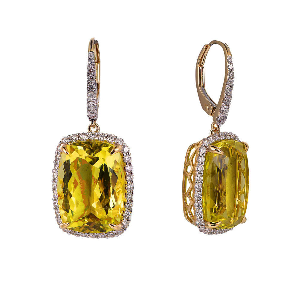Lemon Quartz Cushion Cut Earrings with Diamonds(0.97 ct.tw)