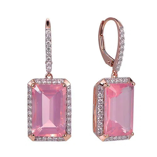 Rose Quartz Octagon Cut Earrings with Diamonds(0.69 ct.tw)