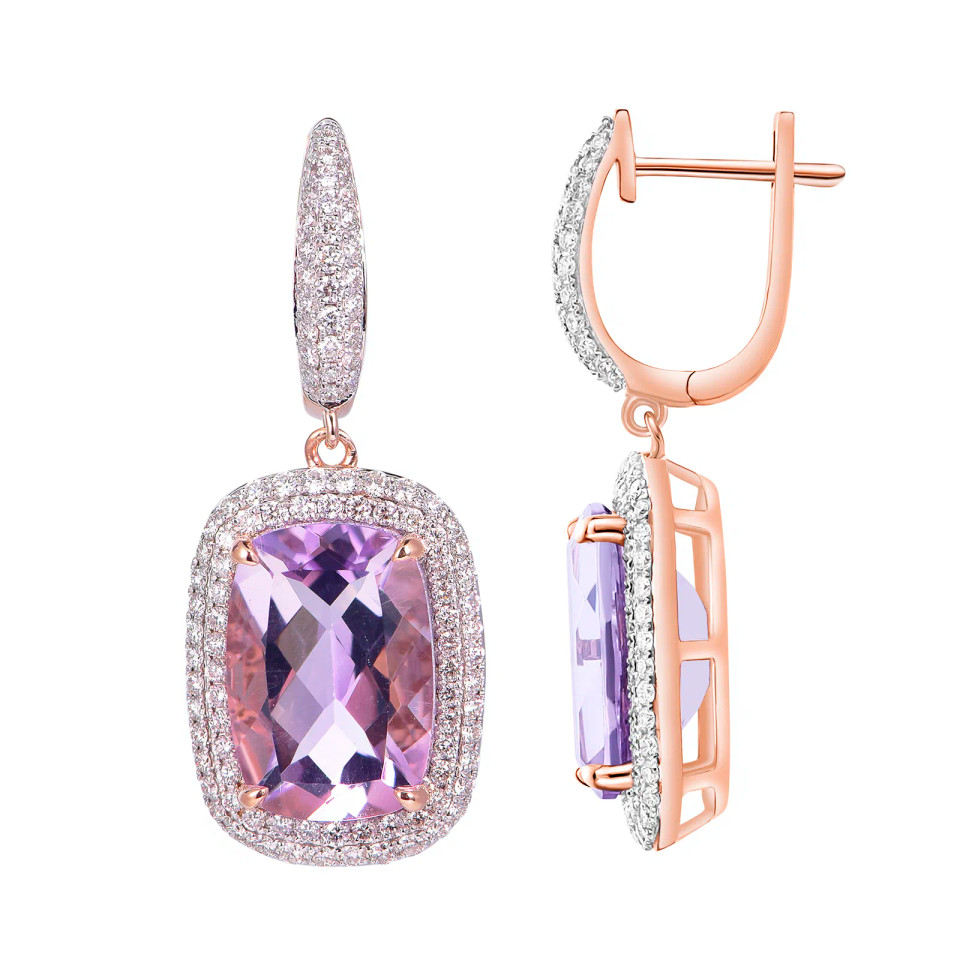 Pink Amethyst Cushion Cut Earrings with Diamonds(1.09 ct.tw)