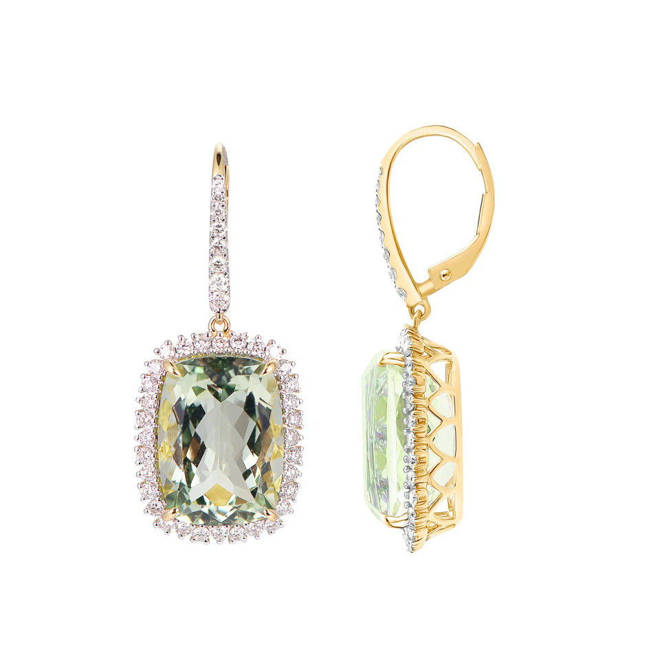 Green Amethyst Cushion Cut Earrings with Diamonds(0.03 ct.tw)