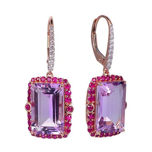 Pink Amethyst Octagon Cut Earrings with Diamonds(0.04 ct.tw)