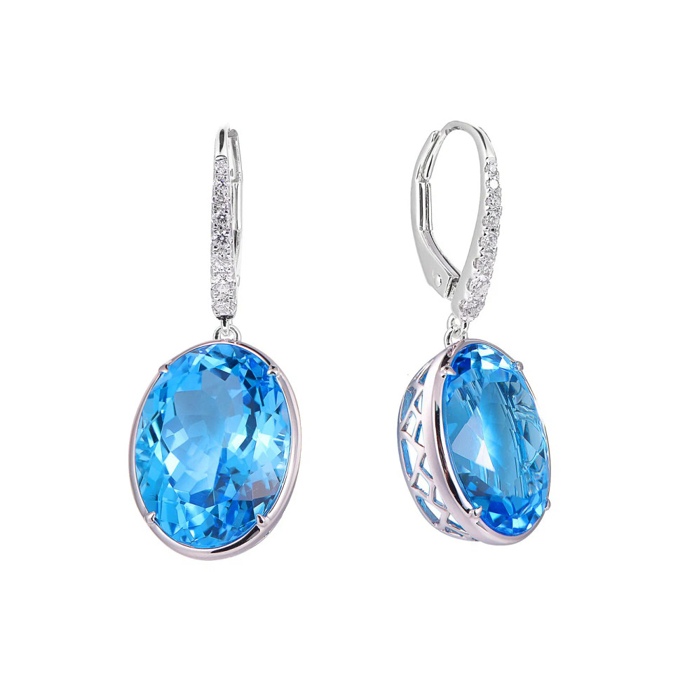 Swiss Blue Topaz Oval Cut Earrings with Diamonds(0.07 ct.tw)