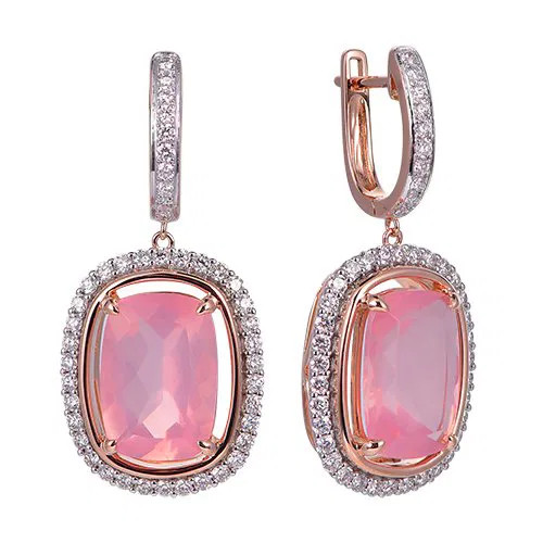 Rose Quartz Cushion Cut Earrings with Diamonds(1.05 ct.tw)