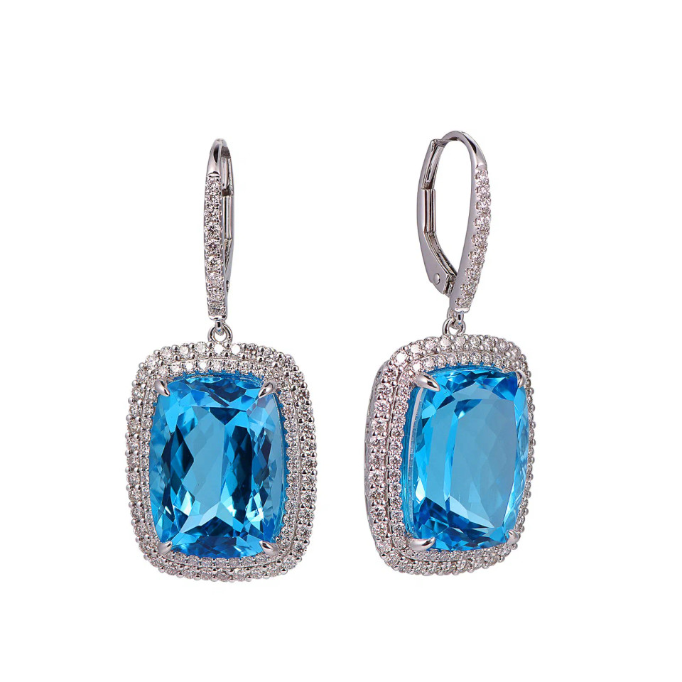 Swiss Blue Topaz Cushion Cut Earrings with Diamonds(0.40 ct.tw)