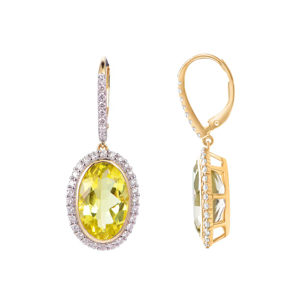 Lemon Quartz Oval Cut Earrings with Diamonds(0.87 ct.tw)