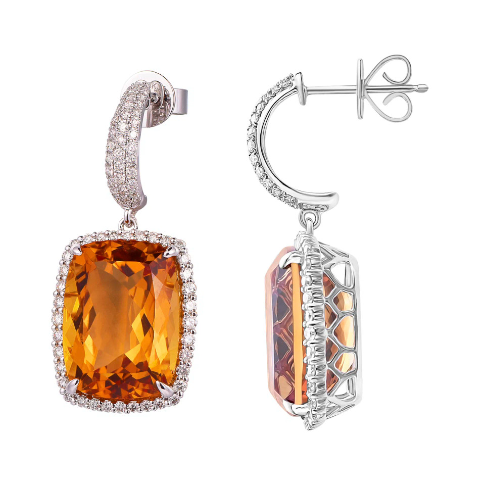 Madeira Citrine Cushion Cut Earrings with Diamonds(0.55 ct.tw)