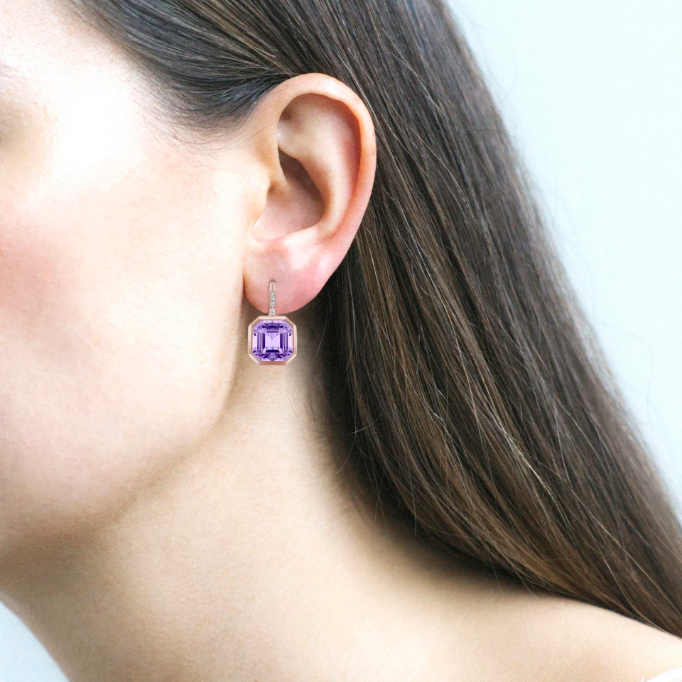 Lavender Amethyst Asscher Cut Earrings with Diamonds (0.10 ct.tw.)