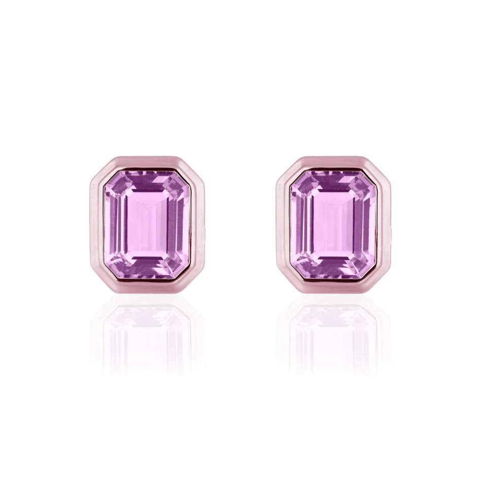 Lavender Amethyst Emerald Cut Bezel Set Stud Earrings