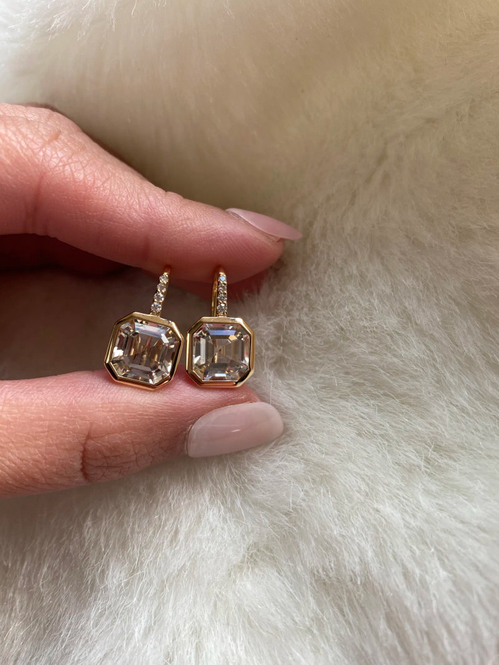 Rock Crystal Asscher Cut Earrings with Diamonds (0.10 ct.tw.)