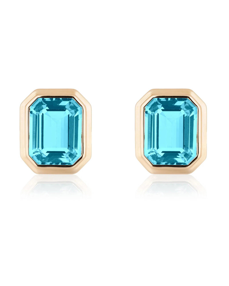 Blue Topaz Emerald Cut Bezel Set Stud Earrings