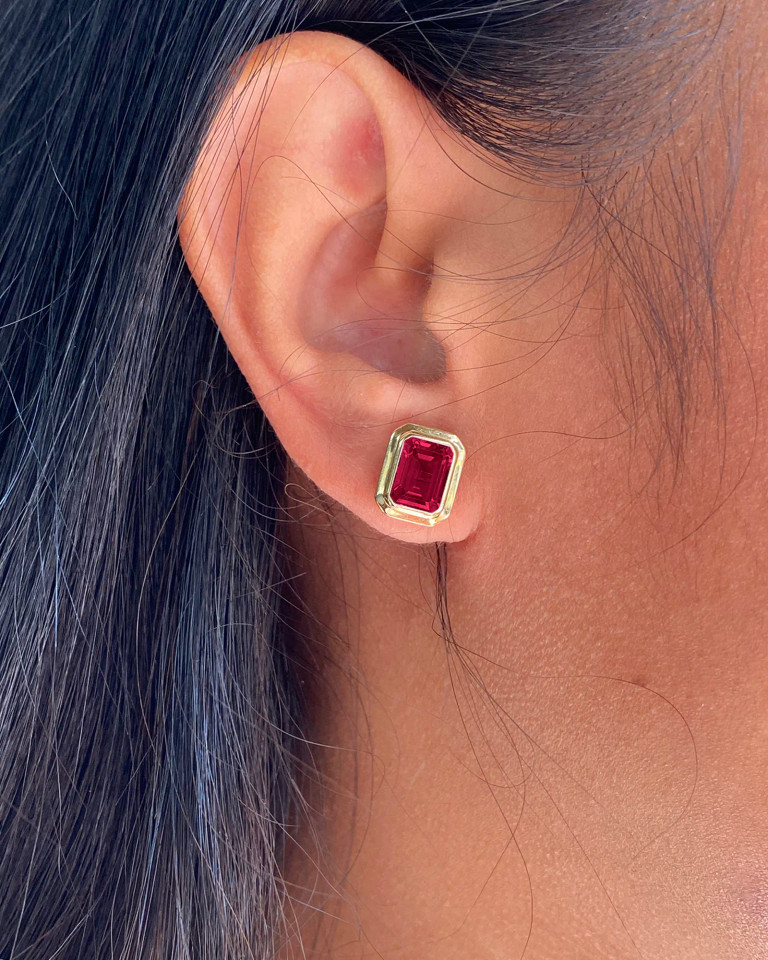 Garnet Emerald Cut Bezel Set Stud Earrings
